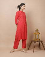 Kaajh Women's Red Solid Cotton Kurta Pant Set | Grocsy