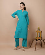 Kaajh Women's Teal Green Solid Cotton Kurta Pant Set | Grocsy
