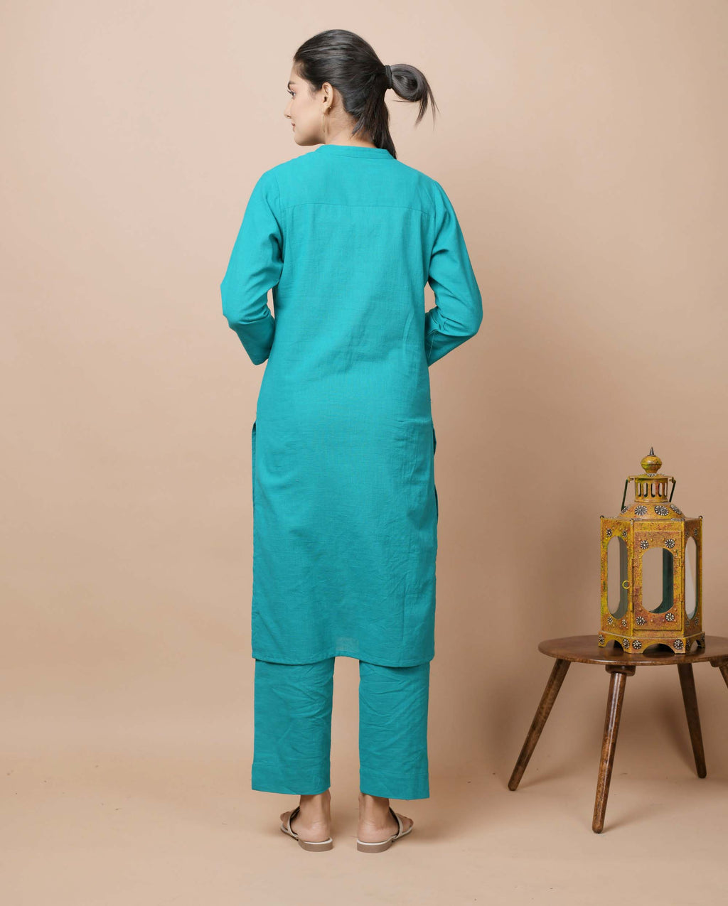 Kaajh Women's Teal Green Solid Cotton Kurta Pant Set | Grocsy