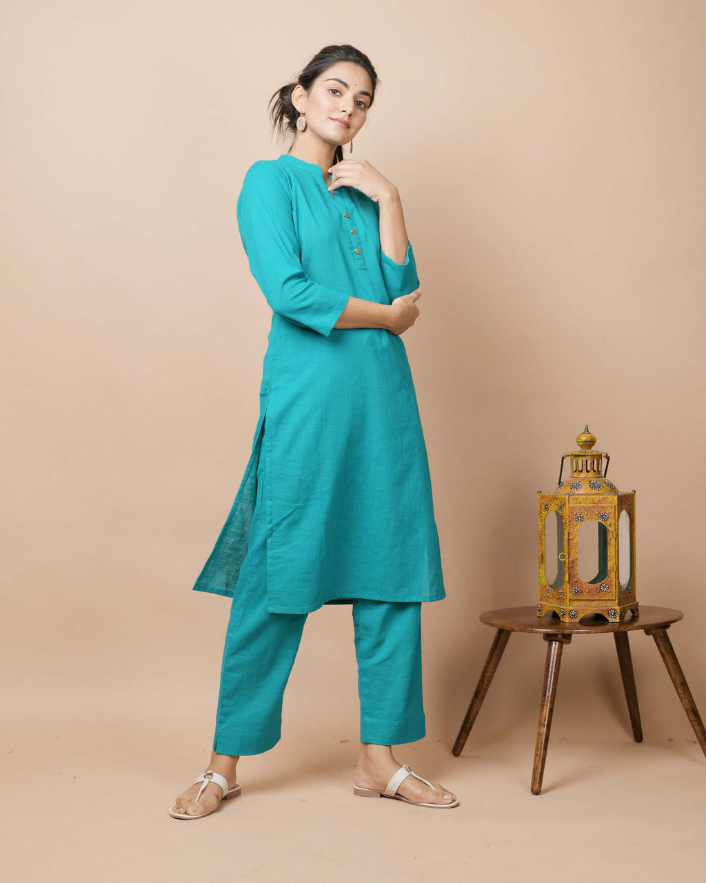 Kaajh Women's Teal Green Solid Cotton Kurta Pant Set | Grocsy