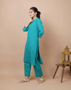Kaajh Women's Teal Green Solid Cotton Kurta Pant Set | Grocsy