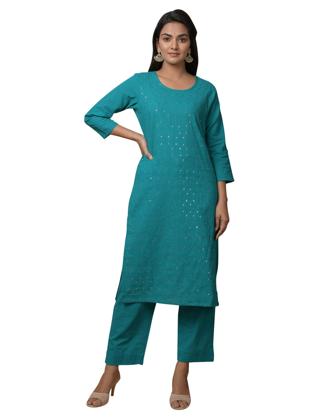 Kaajh Women's Green Solid Sequin Embellishment Kurta | Grocsy