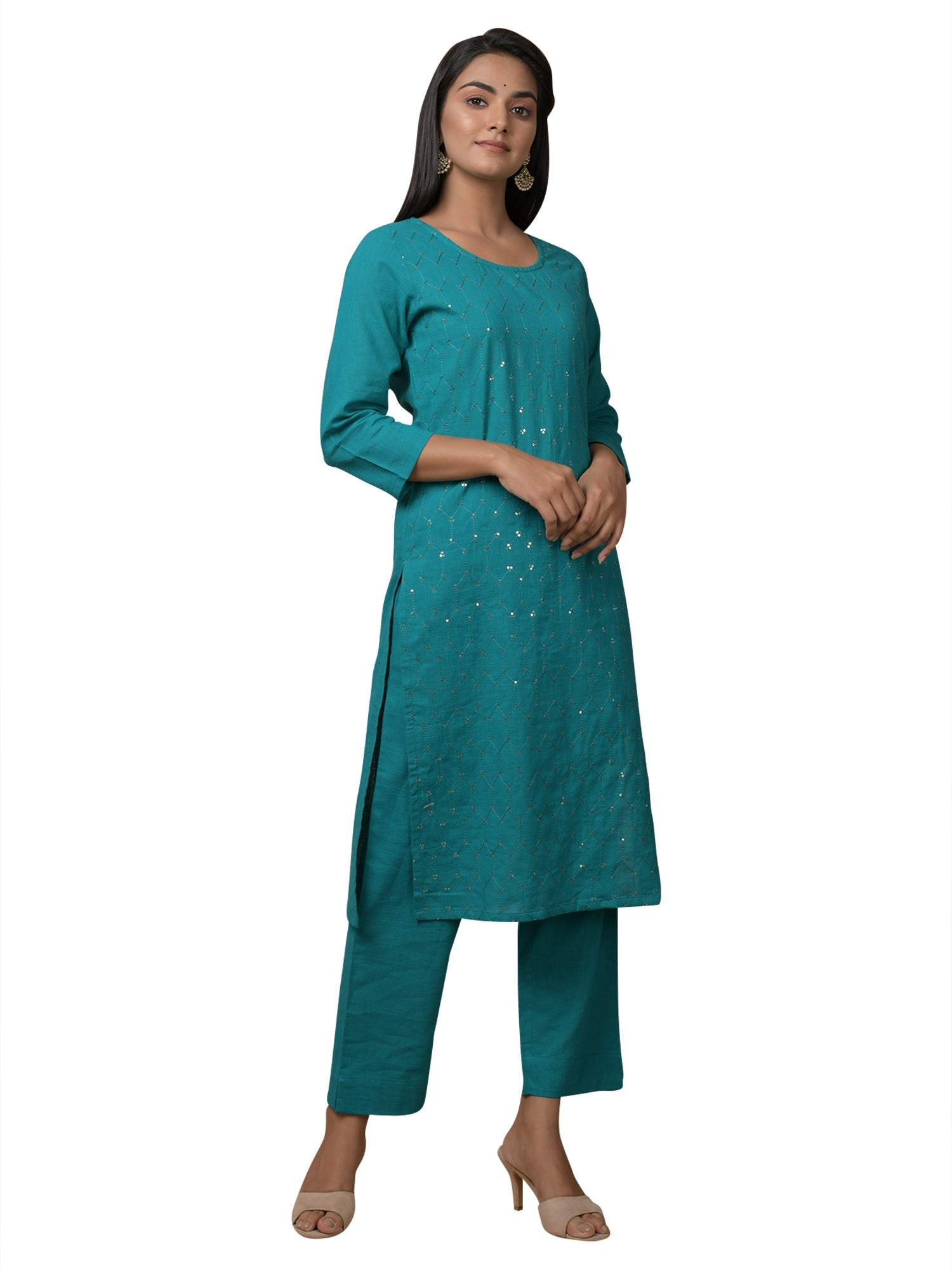 Kaajh Women's Green Solid Sequin Embellishment Kurta | Grocsy