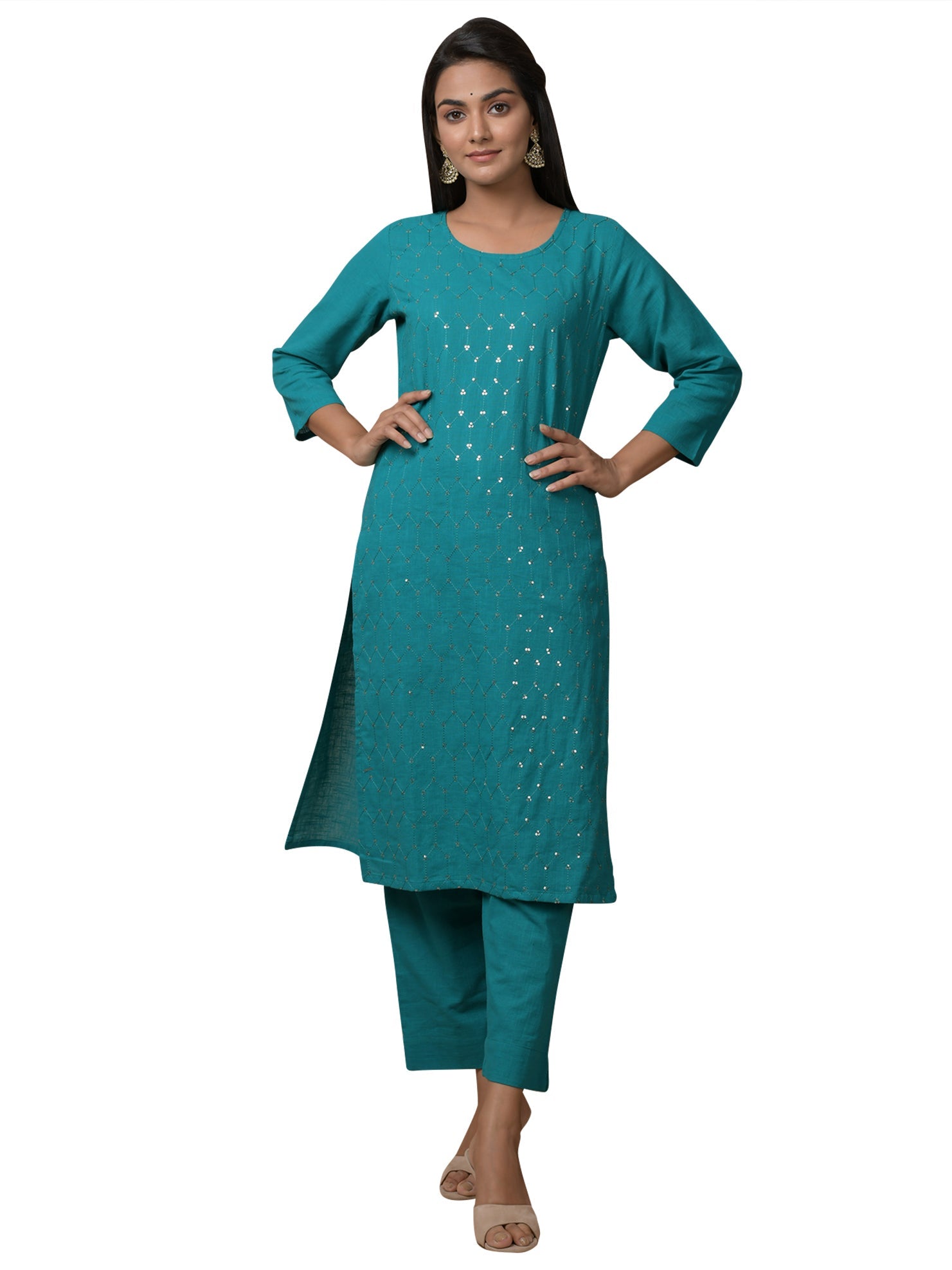 Kaajh Women's Green Solid Sequin Embellishment Kurta | Grocsy