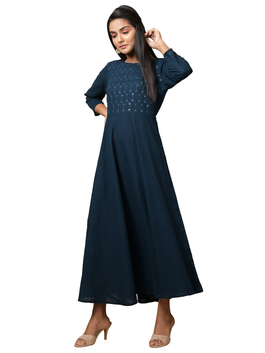 Kaajh Women's Blue Solid Sequin Anarkali Kurta | Grocsy