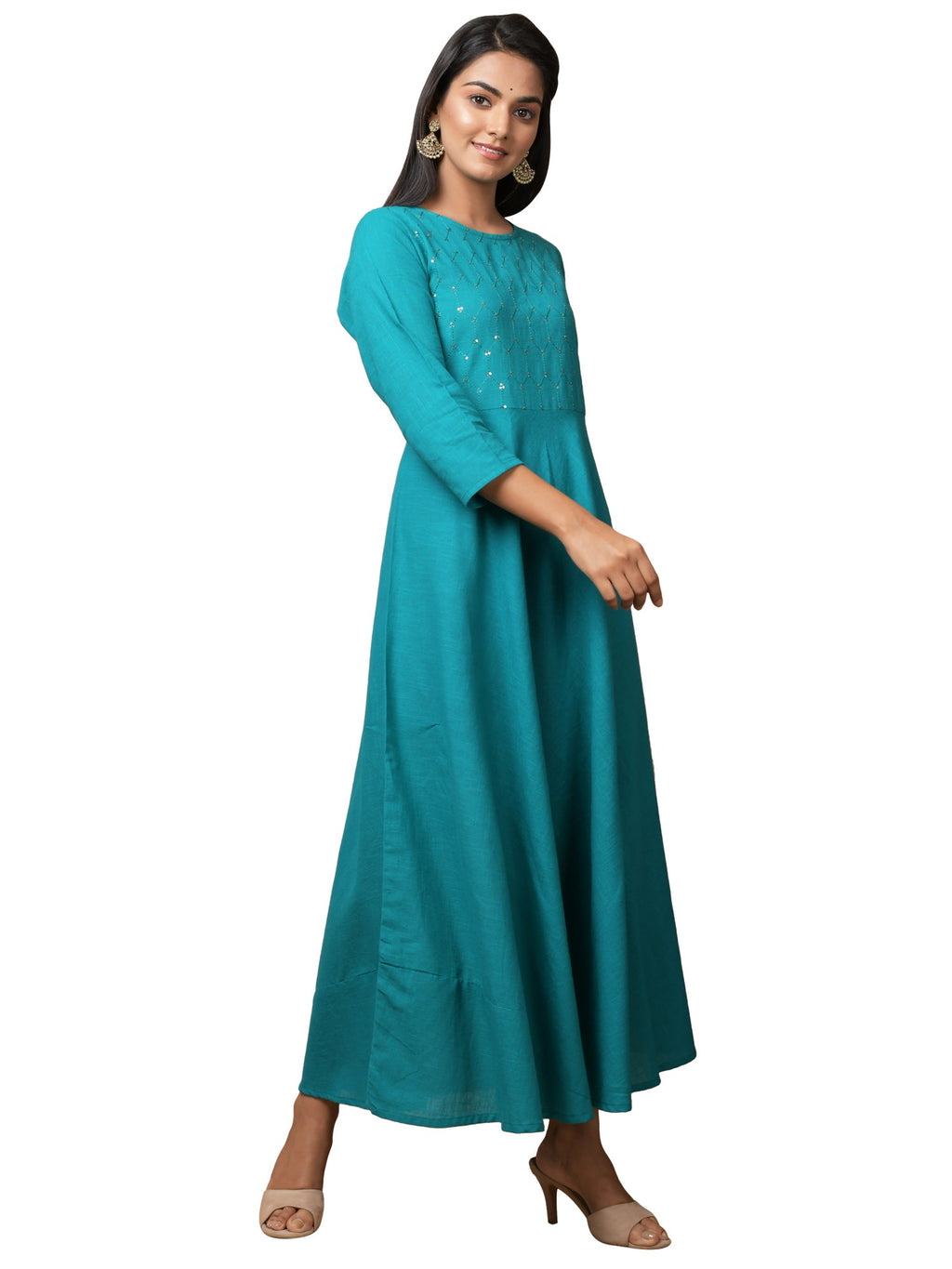 Kaajh Women's Green Solid Sequin Anarkali Kurta | Grocsy