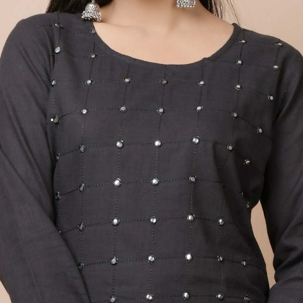Kaajh Women's Black Solid Mirror Embellished Kurta Pant Set | Grocsy