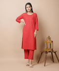 Kaajh Women's Red Solid Mirror Embellished Kurta Pant Set | Grocsy