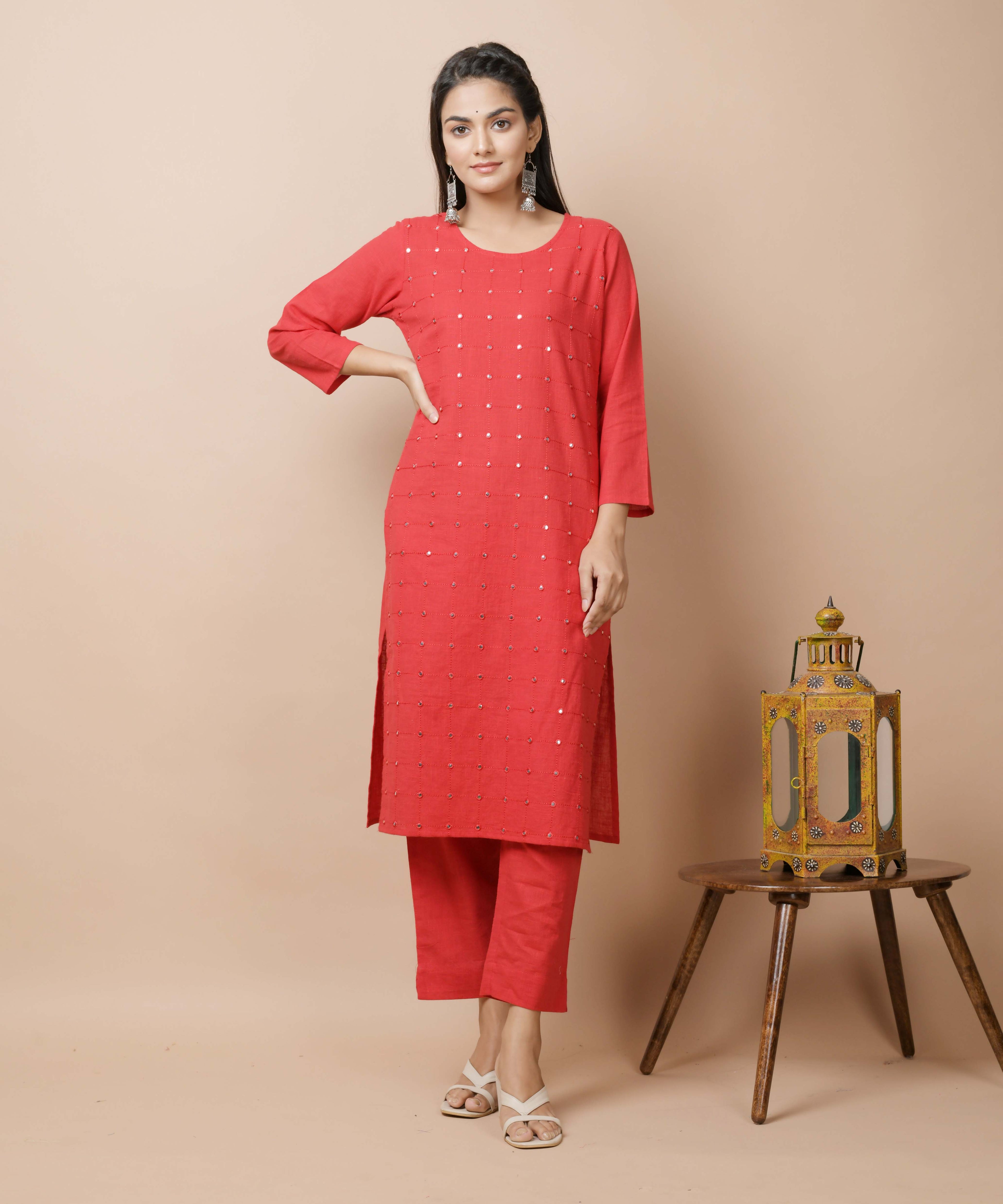 Kaajh Women's Red Solid Mirror Embellished Kurta Pant Set | Grocsy