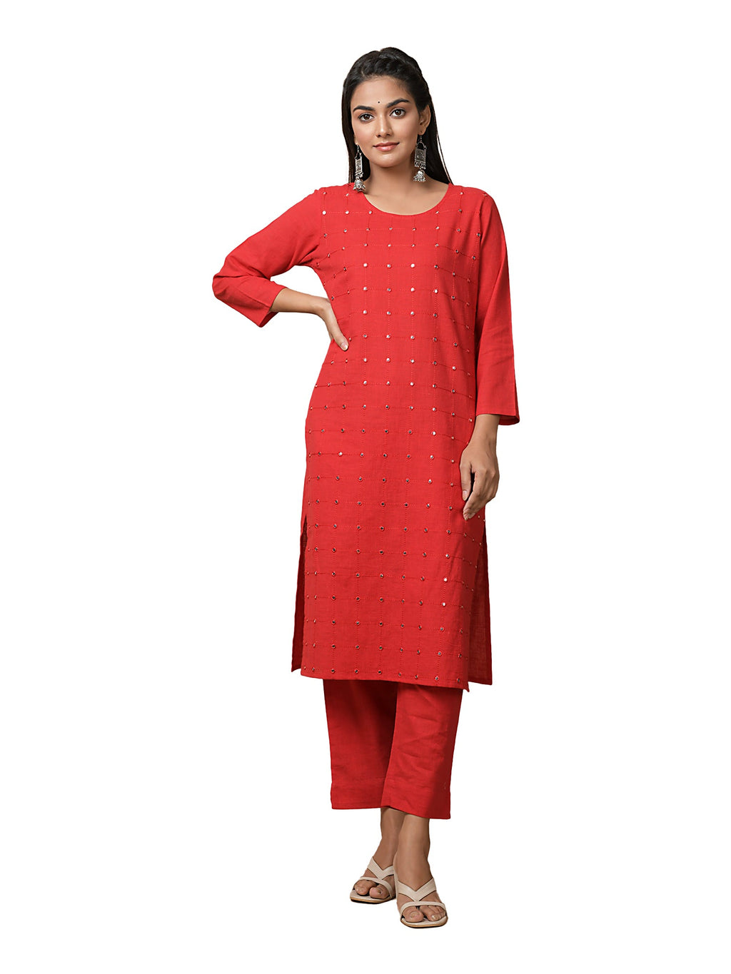 Kaajh Women's Red Solid Mirror Embellishment Kurta | Grocsy
