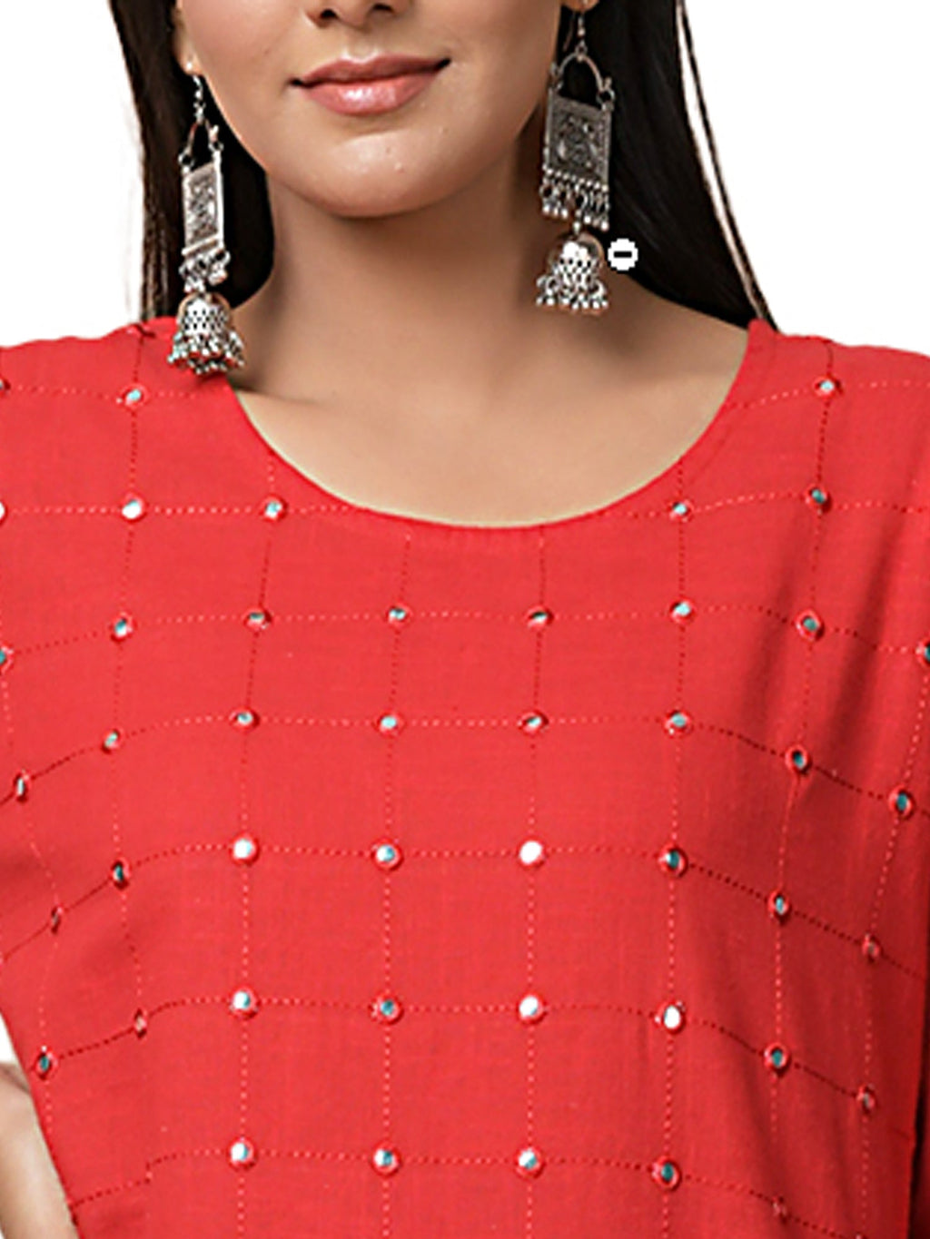 Kaajh Women's Red Solid Mirror Embellishment Kurta | Grocsy