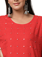 Kaajh Women's Red Solid Mirror Embellishment Kurta | Grocsy