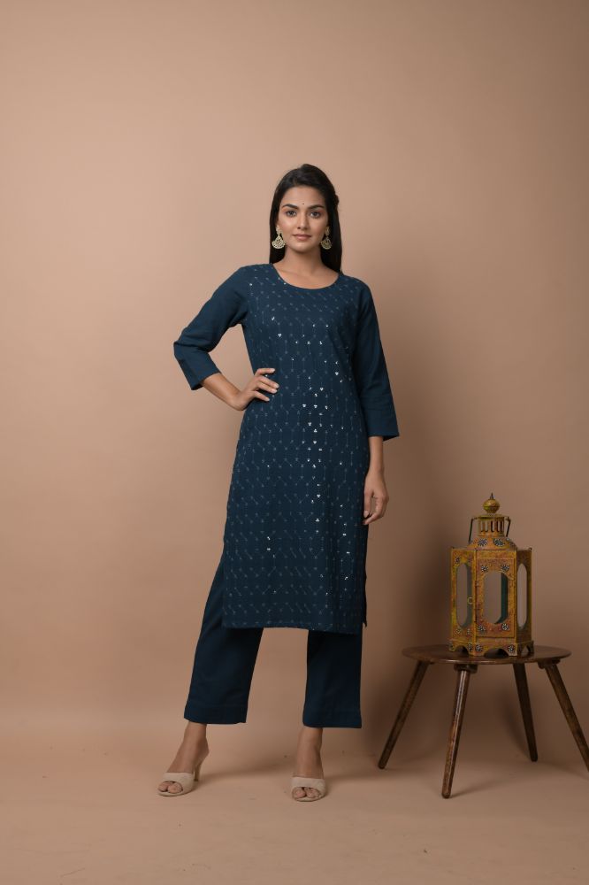 Kaajh Women's Navy Blue Solid Sequins Embellished Kurta Pant Set | Grocsy