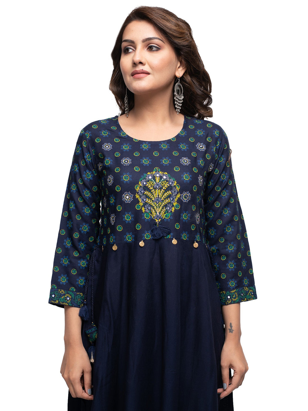 Kaajh Women's Blue Mirror Embellishment Ethnic Kurta | Grocsy
