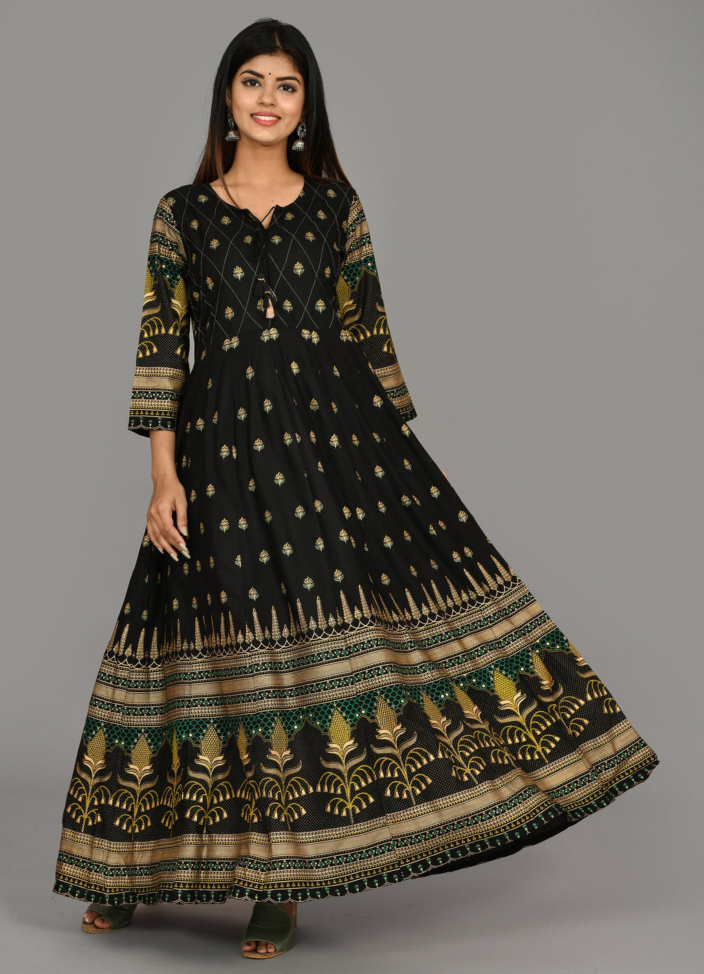 Kaajh Women's Black Green Gold Printed Ethnic Kurta | Grocsy