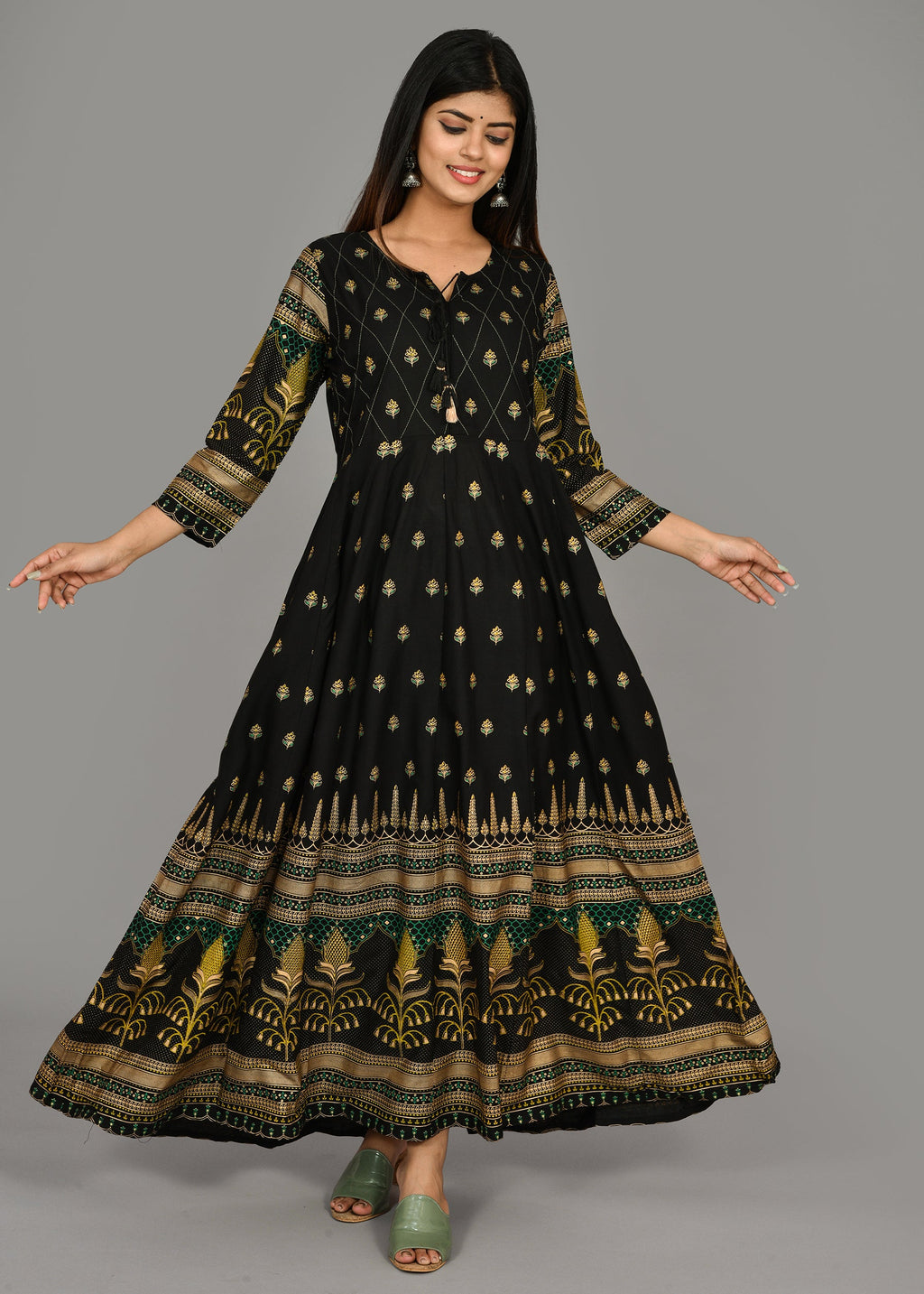 Kaajh Women's Black Green Gold Printed Ethnic Kurta | Grocsy