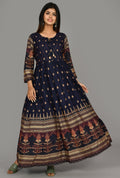 Kaajh Women's Blue Gold Printed Ethnic Kurta | Grocsy