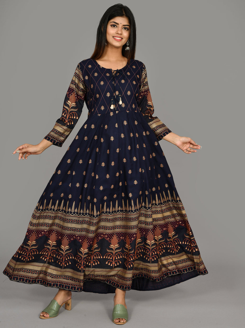 Kaajh Women's Blue Gold Printed Ethnic Kurta | Grocsy