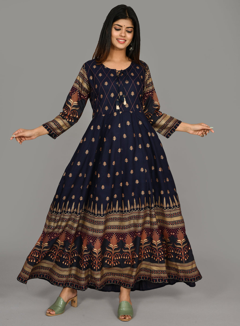 Kaajh Women's Blue Gold Printed Ethnic Kurta | Grocsy