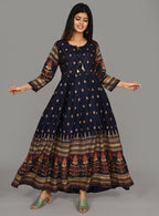 Kaajh Women's Blue Gold Printed Ethnic Kurta | Grocsy
