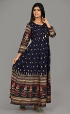 Kaajh Women's Blue Gold Printed Ethnic Kurta | Grocsy