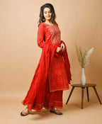 Kaajh Women's Red Bandhej Print Suit Set | Grocsy