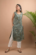 Kaajh Women's Green Sleeveless Printed Kurta Pant Set | Grocsy