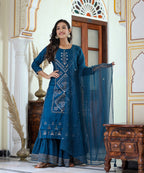 Kaajh Women's Navy Blue Embroidered Silk Kurta Sharara Set With Kota Doria Dupatta | Grocsy