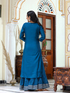 Kaajh Women's Navy Blue Embroidered Silk Kurta Sharara Set With Kota Doria Dupatta | Grocsy