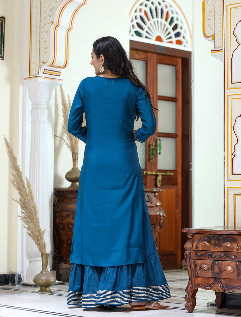 Kaajh Women's Navy Blue Embroidered Silk Kurta Sharara Set With Kota Doria Dupatta | Grocsy