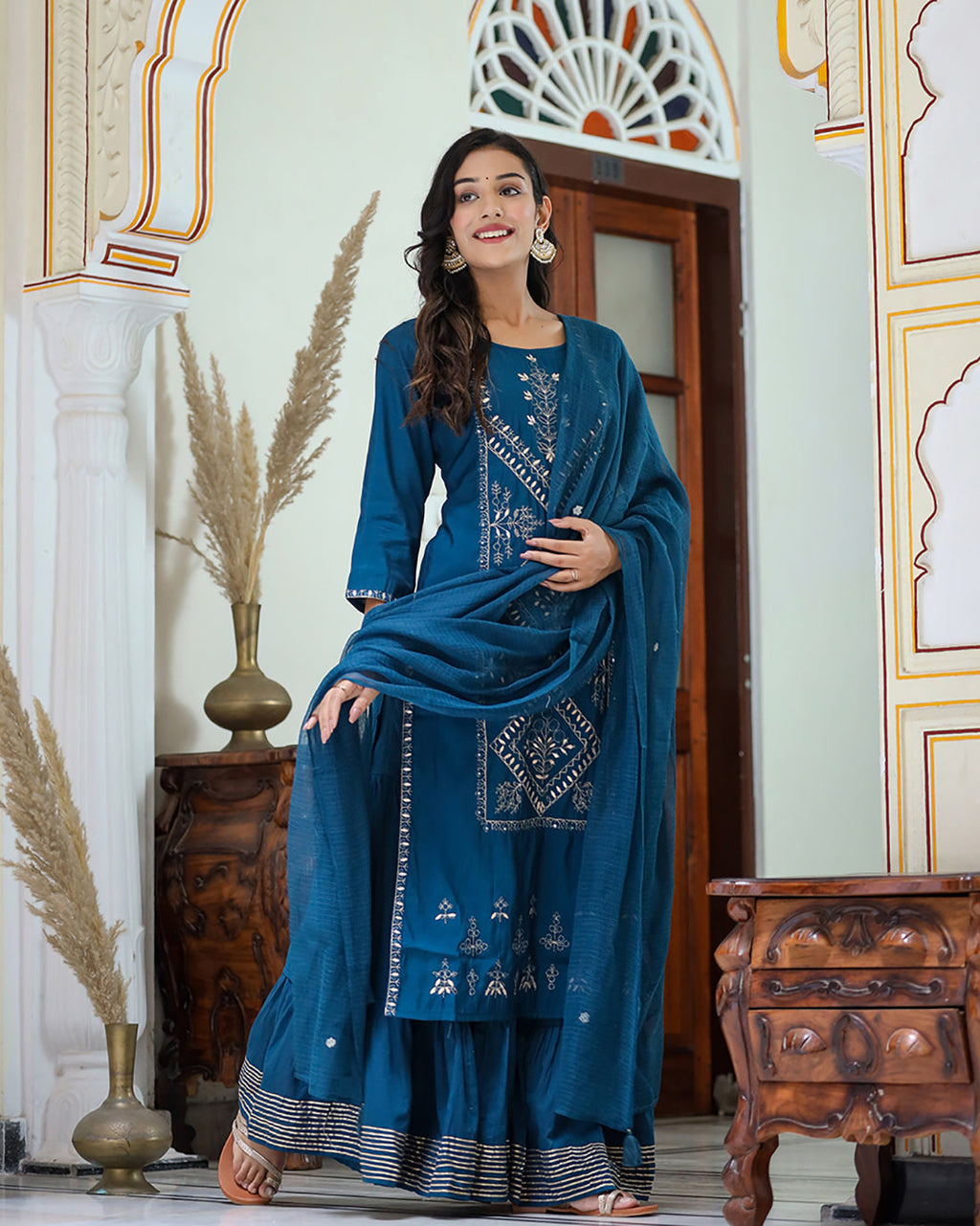 Kaajh Women's Navy Blue Embroidered Silk Kurta Sharara Set With Kota Doria Dupatta | Grocsy