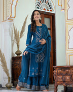 Kaajh Women's Navy Blue Embroidered Silk Kurta Sharara Set With Kota Doria Dupatta | Grocsy