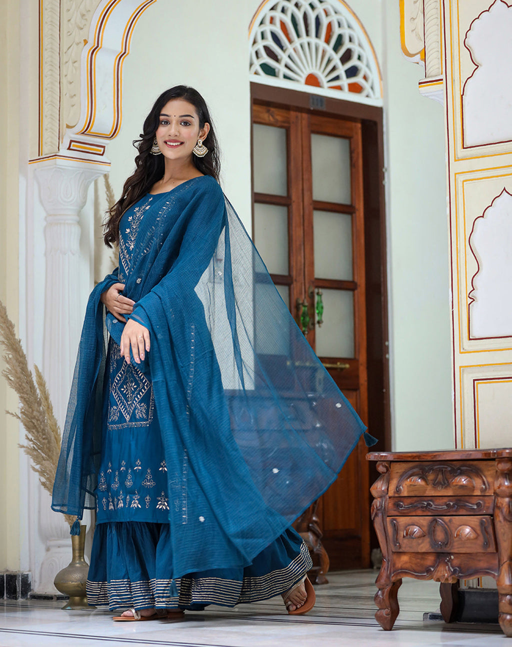 Kaajh Women's Navy Blue Embroidered Silk Kurta Sharara Set With Kota Doria Dupatta | Grocsy