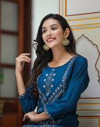 Kaajh Women's Navy Blue Embroidered Silk Kurta Sharara Set With Kota Doria Dupatta | Grocsy