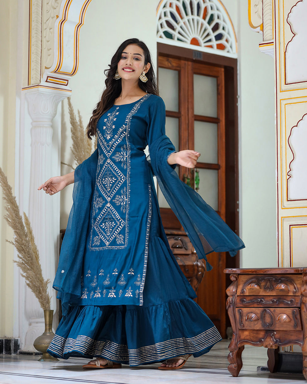 Kaajh Women's Navy Blue Embroidered Silk Kurta Sharara Set With Kota Doria Dupatta | Grocsy