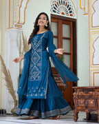 Kaajh Women's Navy Blue Embroidered Silk Kurta Sharara Set With Kota Doria Dupatta | Grocsy