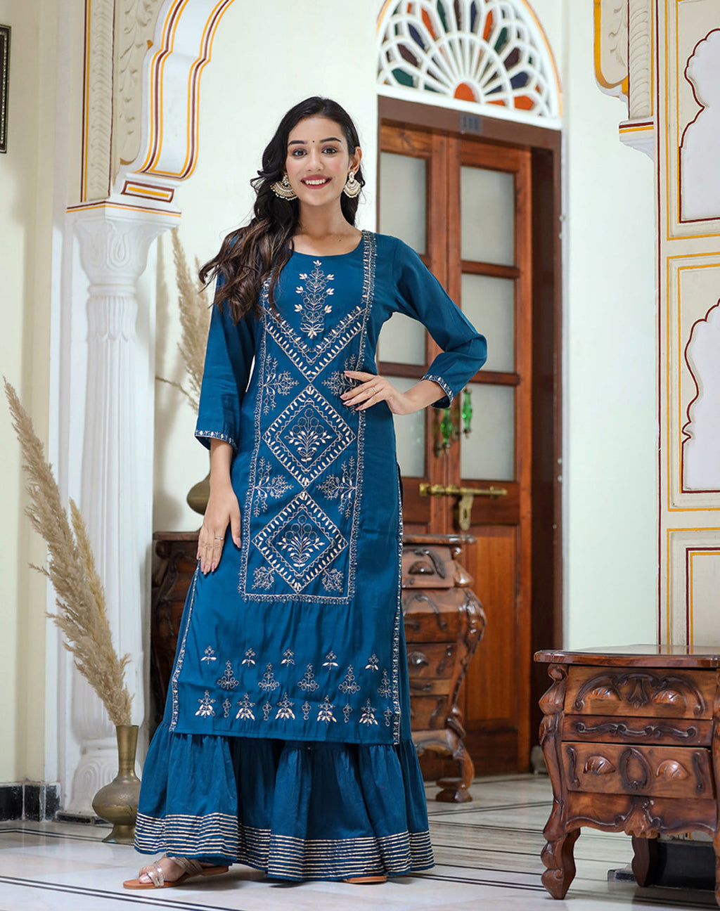Kaajh Women's Navy Blue Embroidered Silk Kurta Sharara Set With Kota Doria Dupatta | Grocsy