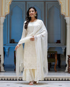 Kaajh Women's Off White EmbroideOff White Silk Kurta Sharara Set With Kota Doria Dupatta | Grocsy