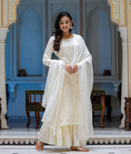 Kaajh Women's Off White EmbroideOff White Silk Kurta Sharara Set With Kota Doria Dupatta | Grocsy