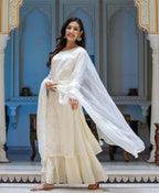 Kaajh Women's Off White EmbroideOff White Silk Kurta Sharara Set With Kota Doria Dupatta | Grocsy
