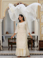 Kaajh Women's Off White EmbroideOff White Silk Kurta Sharara Set With Kota Doria Dupatta | Grocsy