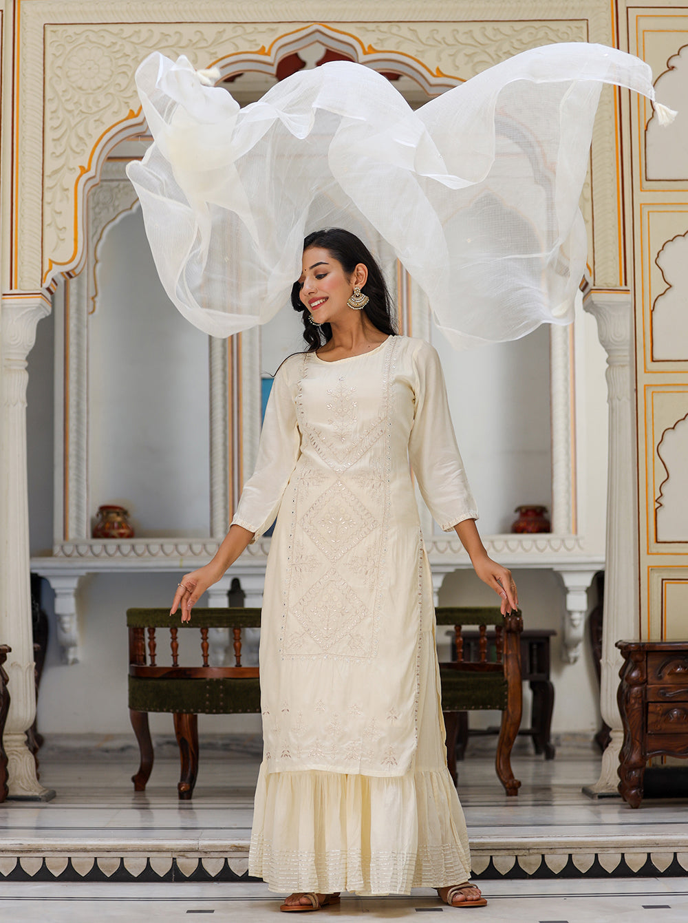Kaajh Women's Off White EmbroideOff White Silk Kurta Sharara Set With Kota Doria Dupatta | Grocsy