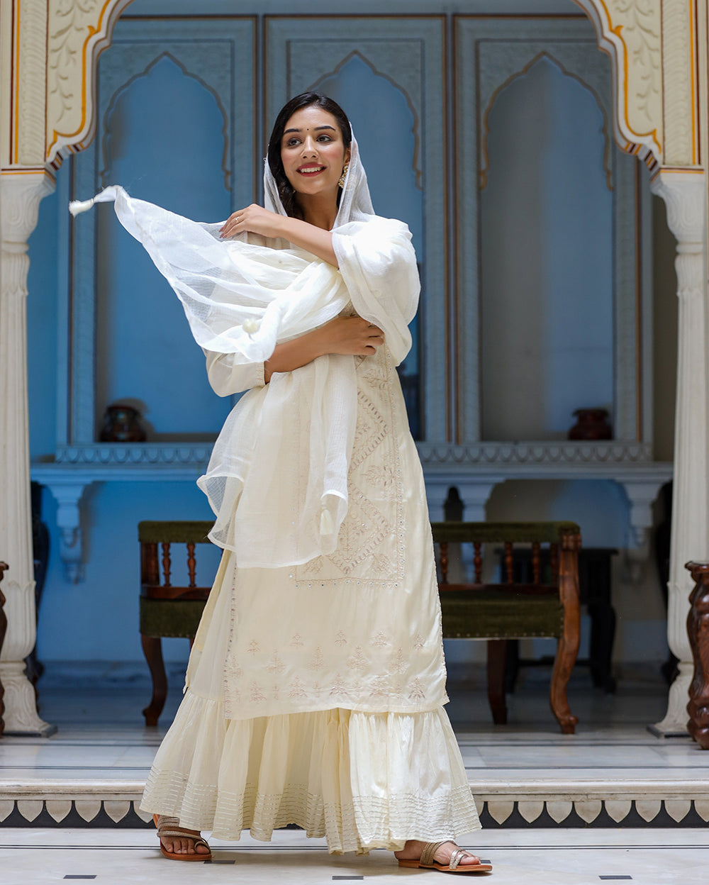 Kaajh Women's Off White EmbroideOff White Silk Kurta Sharara Set With Kota Doria Dupatta | Grocsy