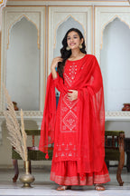 Kaajh Women's Red Embroidered Silk Kurta Sharara Set With Kota Doria Dupatta | Grocsy
