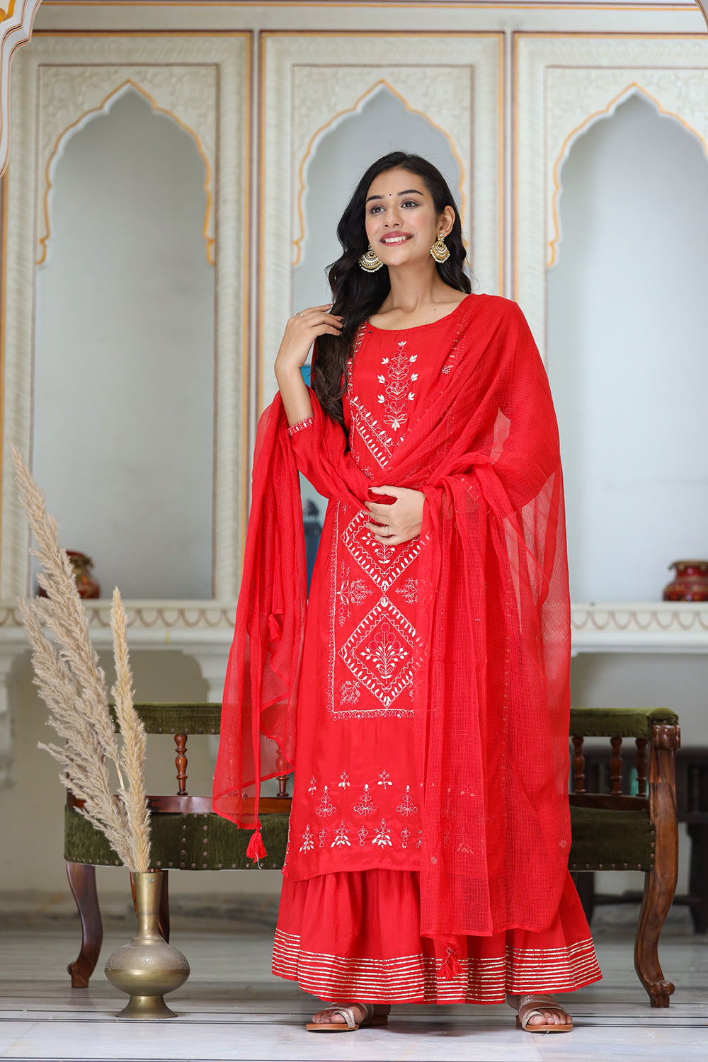 Kaajh Women's Red Embroidered Silk Kurta Sharara Set With Kota Doria Dupatta | Grocsy