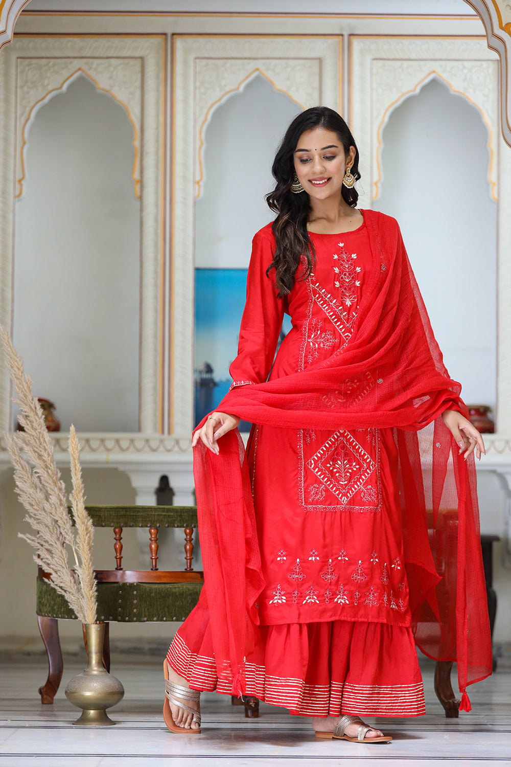 Kaajh Women's Red Embroidered Silk Kurta Sharara Set With Kota Doria Dupatta | Grocsy