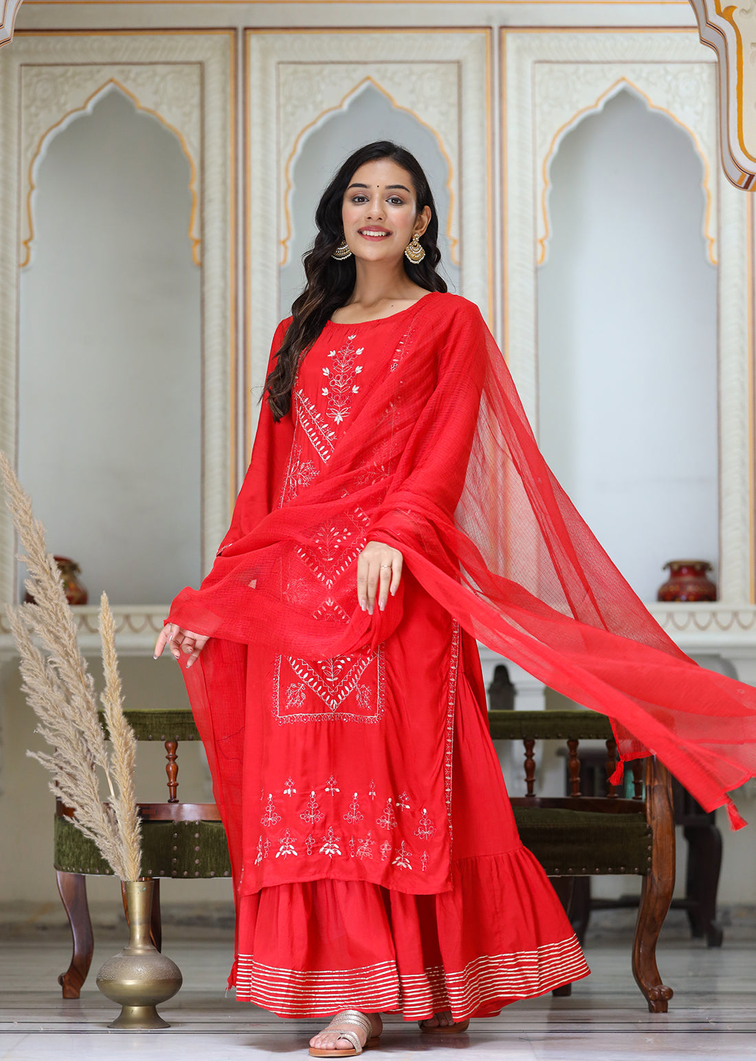 Kaajh Women's Red Embroidered Silk Kurta Sharara Set With Kota Doria Dupatta | Grocsy