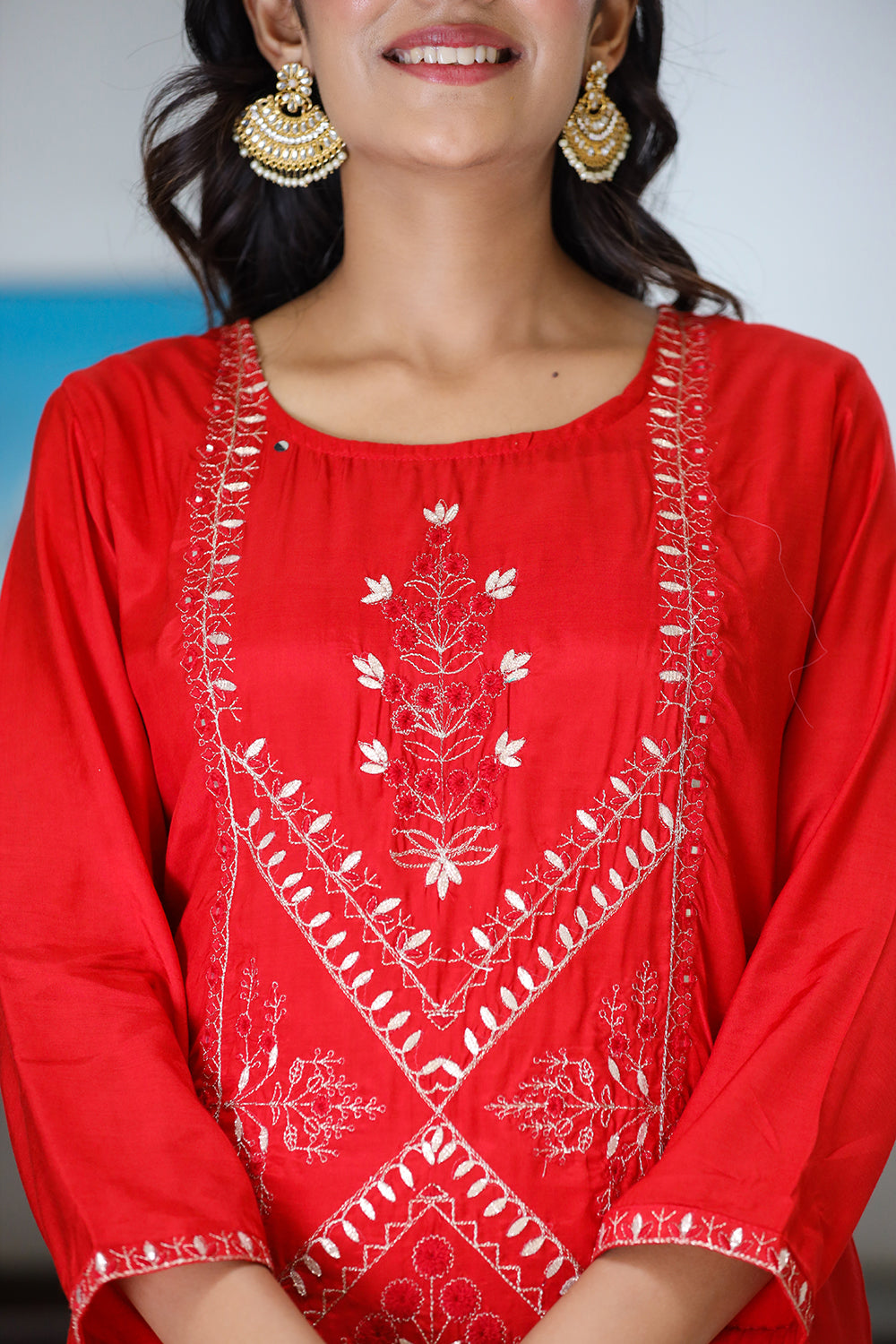 Kaajh Women's Red Embroidered Silk Kurta Sharara Set With Kota Doria Dupatta | Grocsy