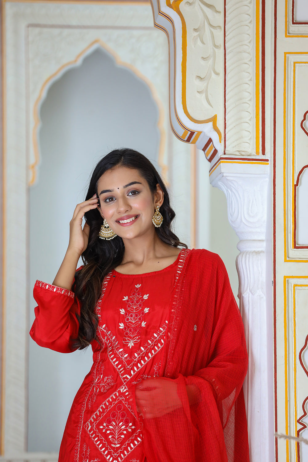 Kaajh Women's Red Embroidered Silk Kurta Sharara Set With Kota Doria Dupatta | Grocsy