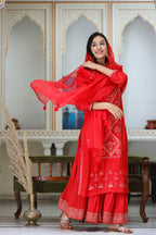 Kaajh Women's Red Embroidered Silk Kurta Sharara Set With Kota Doria Dupatta | Grocsy